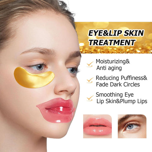 Jakuva 30 Pairs Lip Masks & Eye Masks,Gold Under Eye Patches for Puffy Eyes,Pink Lip Masks Skincare,Effectively Moisturizing the Lip & Eye Skin,An...