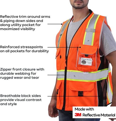 Reflective Safety Vest Orange Mesh, Made with 3M Reflective Tape, Heavy Duty Vest with ID pocket, Padded Neck, Orange 3XL...
