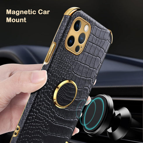 aowner Compatible with iPhone 12 Pro Max Ring Holder Case Luxury Crocodile Cover Gold Edge 360 Degree Rotation Stand for Women Girls Slim Leather ...