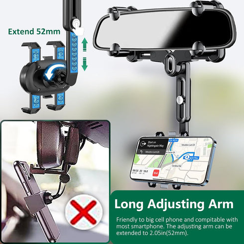 PKYAA Rearview Mirror Phone Holder for Car, 360° Rotating Rear View Mount with Adjustable Arm Length, Upgraded Four Corners Fixed Anti-Shake Multi...