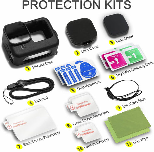 Accessories Kit for Go Pro Hero 12/Hero 11/Hero 10/Hero 9 Black,2-Pack(6pcs) Screen Protector Silicone Sleeve Protective Case with Lens Cover Cap ...