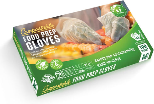 UNNI Compostable Food Prep Gloves, Restaurant-Quality, For Food Handling, Powder-Free, 100 Count, Medium, Earth Friendly Highest ASTM D6400, US BP...