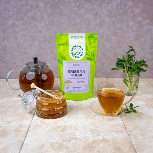 Worldwide Botanicals Organic Holy Basil Tea, 8oz - Tulsi Krishna - Loose Leaf Premium Herbal Tea, 100% Pure Tulsi Holy Basil, Fair Trade, Adaptoge...