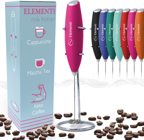 Elementi Electric Milk Frother with Stand - Drink Mixer Handheld & Drink Frother - Coffee Whisk - Pink Coffee Maker - Electric Frother - Espumador...