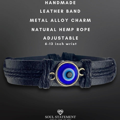 Evil Eye Bracelets for Men, Nazar Charms on a Handmade Black Leather Adjustable Wrap, Hamsa Hand Jewelry…...
