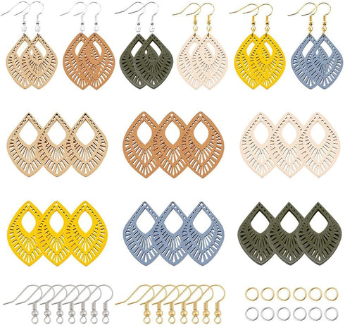 NBEADS 392 Pcs Earring Making Kits, Wooden Earring Dangle Water Drop Pendants Charms with Earring Hooks and Jump Rings for Jewelry Earring Makings...