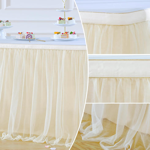 Suppromo 9ft Champagne Tulle Table Skirts for Rectangle Tables or Round Tables Champagne Tutu Table Cloth Cover for Wedding Birthday Party Baby Sh...