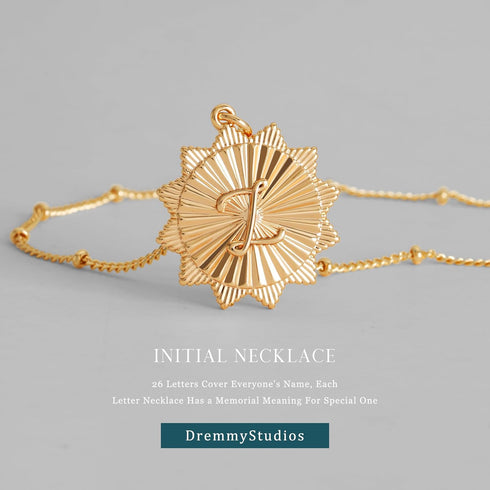 Dremmy Studios Gold Initial Necklace for Women | 14K Gold Plated Sunburst Disc Letter A-Z Coin Pendant Satellite Chain | Personalized Dainty Charm...
