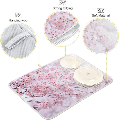 Romantic Pink Cherry Blossoms Absorbent Dish Drying Mat Microfiber Kitchen Countertop Table Protector Multipurpose Counter Rack Sink Drainer Pad (...