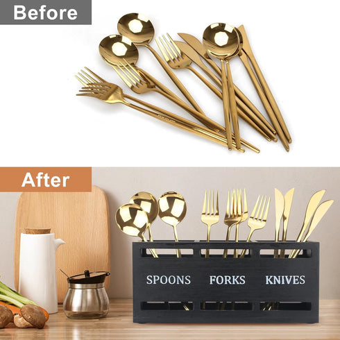 Ayiaren Wooden Silverware Caddies Flatware Cutlery Holder Wood Silverware Organizer Containers Black Kitchen Utensil Holder for Countertop Spoon a...
