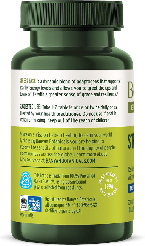 Banyan Botanicals Stress Ease – Organic Herbal Supplement for Stress & Fatigue* – with Ayurvedic Adaptogen Ashwagandha (Withania somnifera) Root –...