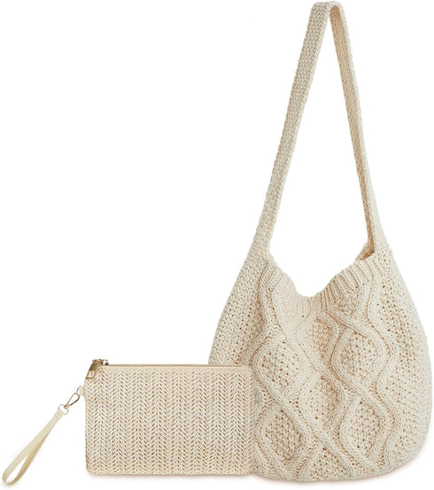 Crochet Bag for Women Crochet Tote Bag with Wristlet Wallet Bohemian Aesthetic Shoulder Handbag for Women Summer Beach...