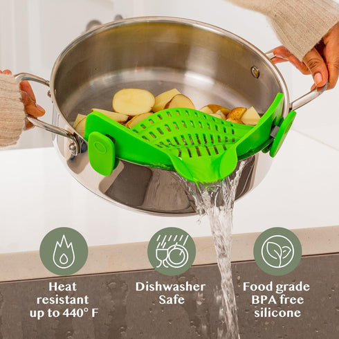 Kitchen Gizmo Snap N' Strain Clip On Strainer for Pots and Pans - Collapsible Silicone Pasta Strainer and Kitchen Gadget for Cooking - Easy to Use...
