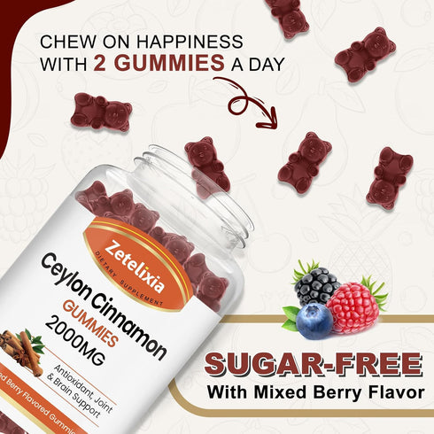 Sugar Free Ceylon Cinnamon Gummies 2000mg, Cinnamon Supplement with Chromium and Cinnamon Bark, Cinnamon Supplement for Joint & Brain Support, Veg...