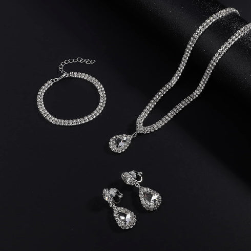 FIBO STEEL Clip on Wedding Jewelry for Bride Bridesmaid Clip Teardrop Pendant Earrings Crystal Rhinestone Tennis Necklace Bracelets Jewelry Set fo...