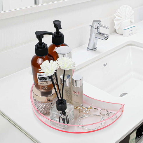 Bathroom Tray Organizer, 10'' Large Acrylic Moon-Shaped Vanity Tray Jewelry Tray for Perfume Cosmetic Candle Jewelry, Clear Pink Durable Decorativ...