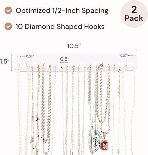 Boxy Concepts 2-Pack Necklace Organizer & Jewelry Storage - 10.5 in x 1.5 in White Wall-Mount Hanging Jewelry Organizer - 10 Hooks for Necklaces, ...