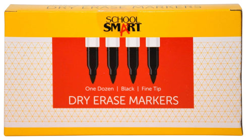 School Smart Dry Erase Pen Style Marker, Fine Tip, Black, Pack of 12 - BY1076-12BLACK...