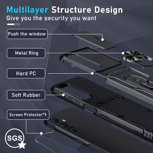 Janmitta for Samsung Galaxy A15 5G Case Built in Slide Camera Lens Cover+Screen Protector+Finger Ring Holder Kickstand,Heavy Duty Shockproof Full ...