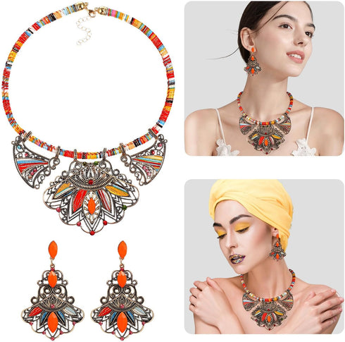 Bohemian Jewelry Set for Women - Colorful Resin Bib Necklace and Earrings, Ethnic Style Statement Jewelry for Weddings, Parties, and Everyday Wear...
