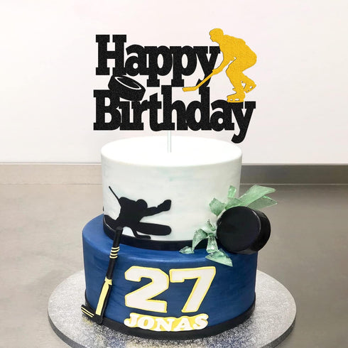 Hockey Cake Topper Hockey Player Figurines Happy Birthday Cake Decor for Kids Boys Girls Ice Hockey Sport Themed Party Supplies Black Sparkle Deco...