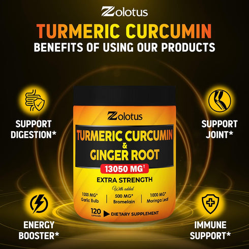 6 in 1 Turmeric Curcumin + Ginger Capsules, 95% Curcuminoids, Equivalent to 13050mg, with Ginger, Garlic Bulb, Bromelain, Moringa, Black Pepper, J...
