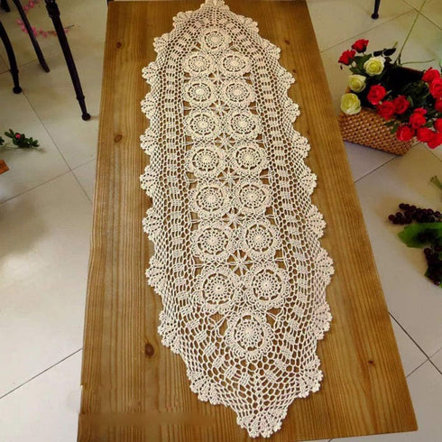Beige Handmade Crochet Doilies Cotton Table Runner Lace Doilies Doily Oval Dresser Scarves for bedrooms,16 by 35 Inches....