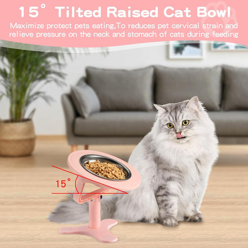 Elevated Cat Bowls Adjustable Cat Bowl Stand,Non-Slip Raised Cat Bowls Stainless Steel Raised Cat Bowls with 15°Tilted Stand for Cats and Puppy Pi...