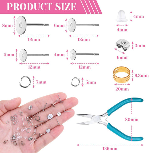 Caffox Hypoallergenic Earring Posts and Backs, 1800pcs Stainless Steel Stud Earring Kit with Earring Base Studs, Earring Backs and Jump Rings for ...