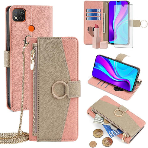 Asuwish Phone Case for Xiaomi Redmi 10A/9C Wallet Cover with Tempered Glass Screen Protector and Mirror PU Leather Flip Cover Ring Card Holder Cro...