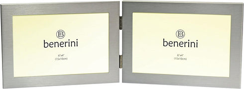 Brushed Aluminium Satin Silver Colour - Twin 2 Picture Horizontal Double Folding Photo Frame - Takes 2 Photos of 6 x 4 inches (15 x 10 cm) (Landsc...
