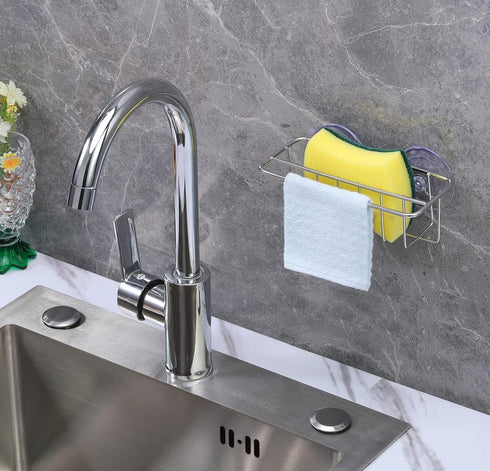 Sink Caddy Sponge Holder for Kitchen Sink Dish Cloth Hanger 2 Suspension Options(Suction Cups and Adhesive Hook), SUS304 Stainless Steel, Silver...