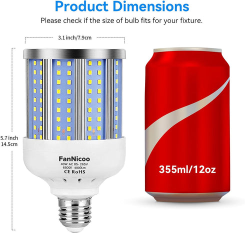 2 Pack 280W Equivalent LED Corn Light Bulb, 4000 Lumen 6500K Cool White Daylight 40W LED Corn Lamp,E26/E27 Medium Base,for Indoor Outdoor Warehous...