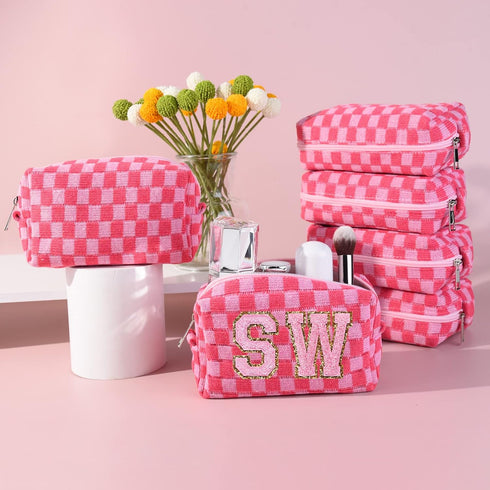 6 Pcs Preppy Makeup Bag Bulk Checkered Cosmetic Bag Pink Makeup Pouch Personalize Travel Toiletry Bag Organizer Cute DIY Makeup Brushes Storage Ba...