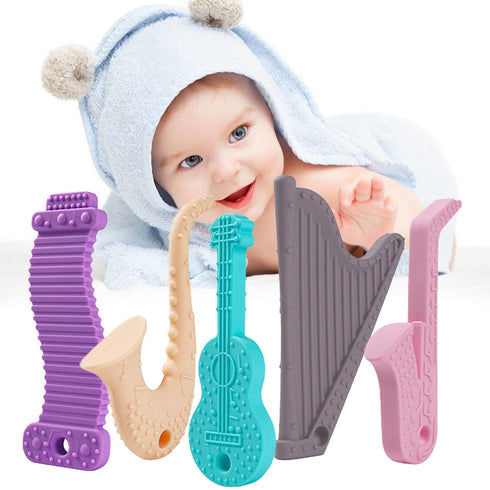 Baby Teething Toys?5 Pack Baby Teether Toys?BPA-free?Teether Chew Toy Set?Soft Textures?Musical Instrument Shape Silicone Toddler Teething Toys fo...