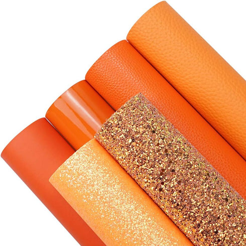 6 Pieces/Set 8x12 Inch (21cmx30cm) Faux Leather Sheets Mixed Orange Series Chunky Fine Glitter Patent Metallic Litchi Skin Texture Faux Leather Fa...
