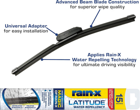 Rain-X 5079273-2 Latitude 2-In-1 Water Repellent Wiper Blades, 15 Inch (Pack Of 1), Automotive Replacement Windshield Wipers With Patented Repelle...
