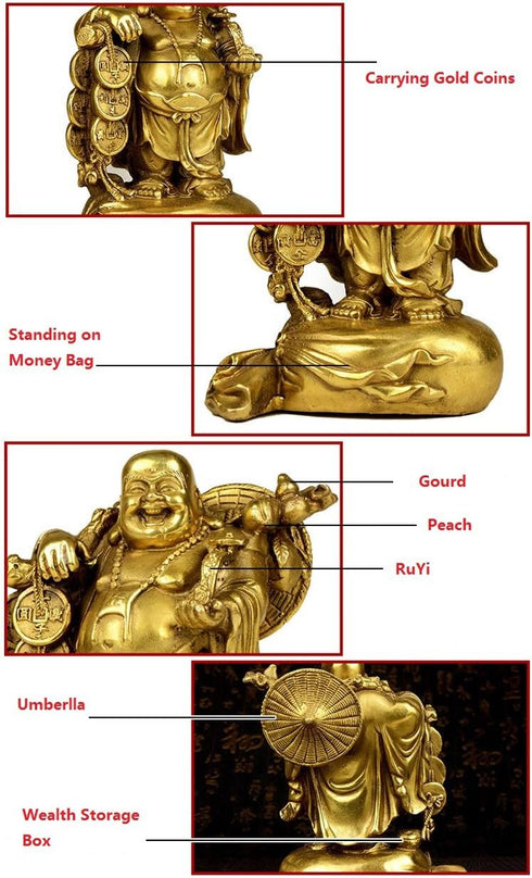 Fengshui Statue Buddha Brass Statues Laughing Buddha Carrying Bag God of Wealth Figurines Buddha Statues Home Decor Housewarming Congratulatory Gi...