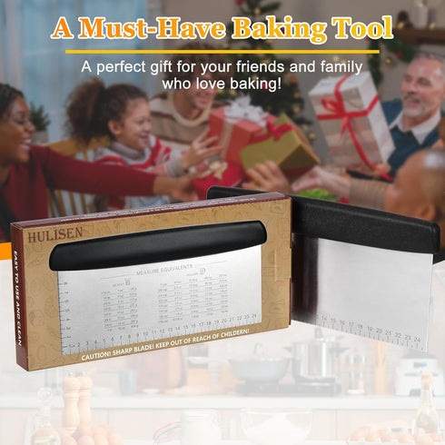 HULISEN Large Bench Scraper for Baking, 10 inch Dough Pastry Scraper with Measuring Scale, Stainless Steel Cake Scraper, Pizza Cutter, Food Choppe...