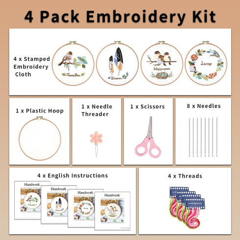 IFHFBI Bird Pattern Embroidery Starter Kit, 4 Pack Cross Stitch with Stamped Pattern and Instructions, 1 Embroidery Hoops, Threads and Needles, DI...