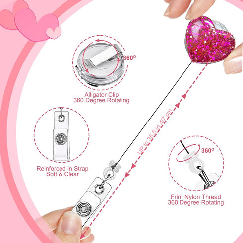 6PCS Heart Glitter Nurse Badge Reel Pen Kit, Mini Highlighter, Permanent Marker, Ballpoint Pen, Retractable Keychain Nurse Badge Holder Accessorie...
