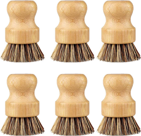 Bamboo Dish Brush - 6 Pcs Eco Palm Brush, Cast Iron Scrubber, Pot Scrubber, Kitchen Scrub Brush, Dishwashing Brush for Cleaning Pans, Pots and Sin...