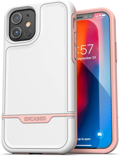 ENCASED Protective Rebel Series Compatible with iPhone 12 Case Heavy Duty Full Body Rugged Cover - White/Pink...