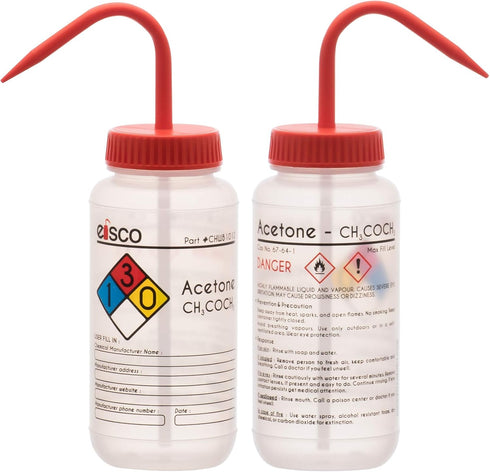 EISCO Wash Bottle for Acetone, 500ml - Labeled with Color Coded Chemical & Safety Information (4 Colors) - Wide Mouth, Self Venting, Low Density P...