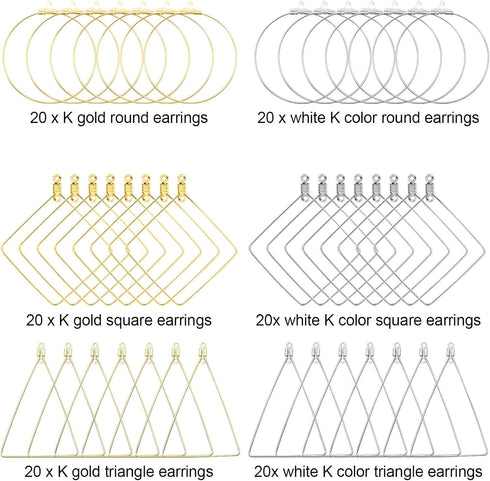 Huwujiu 120pcs Earrings - Round, Square, Triangle - Gold, White - Earring Findings...