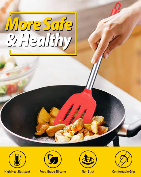 Pack of 2 Silicone Solid Turner, Non Stick Slotted Kitchen Spatulas, High Heat Resistant BPA Free Cooking Utensils, Ideal Cookware for Fish, Eggs,...