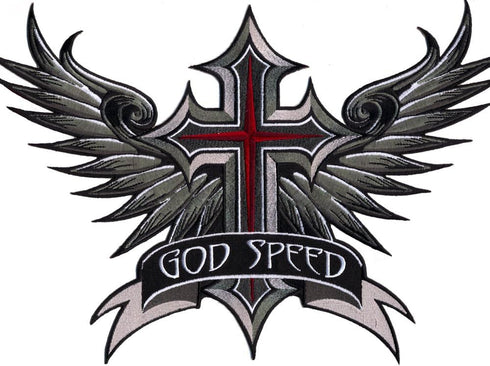 VEGASBEE® Godspeed Winged Cross Patch Wings Christian Embroidered Iron-On Patch Emblem Large Size 12" by 8.5" inches USA...