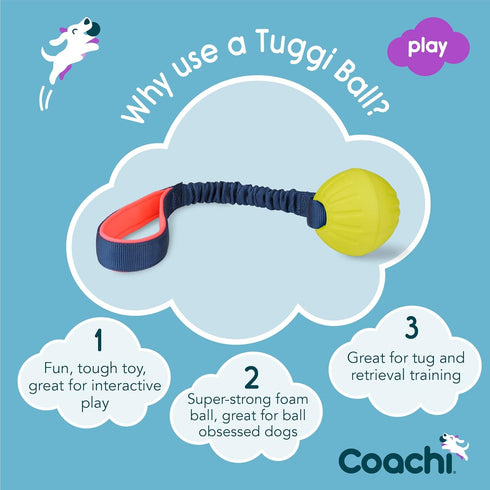 Coachi Tuggi Ball - Interactive Dog Toy for Tug of War & Play. Strong & Comfortable, Stretchy Bungee Handle, Reward Training, Interrupting Biting ...