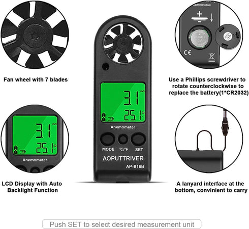 Anemometer Handheld Wind Speed Meter for Measuring Wind Speed Temperature and Max/Average/Current, High Precision Anemometer Measuring for Windsur...