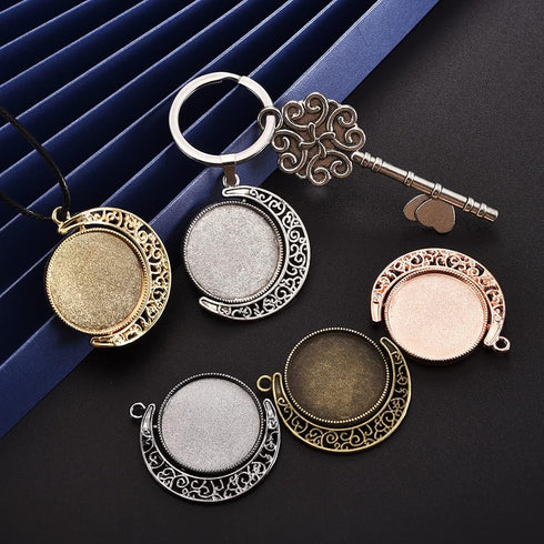 DROLE 60Pcs Moon Rotation Pendant Trays Kit-20Pcs 25mm Double Side Cabochon Setting and 40Pcs 25mm Rond Glass Cabochons for Jewelry Making DIY Cra...